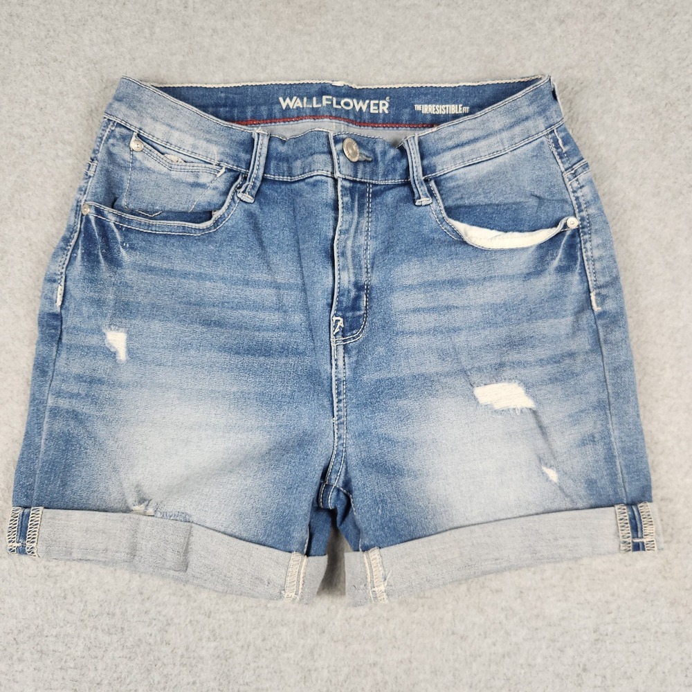 WallFlower Denim Shorts Women 7 Blue The‎ Irresistible Fit Distressed Cuffed Hem